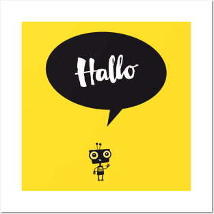 Little robot with speech bubble and typography Posters and Art